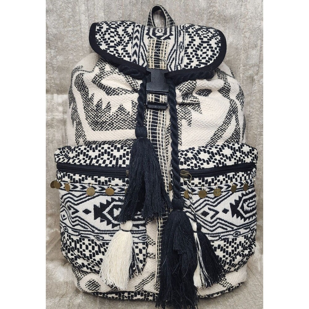 Jumbo Tribal Jerga Backpack Black & White Woven Baja Mochila Gorpcore Boho Beach